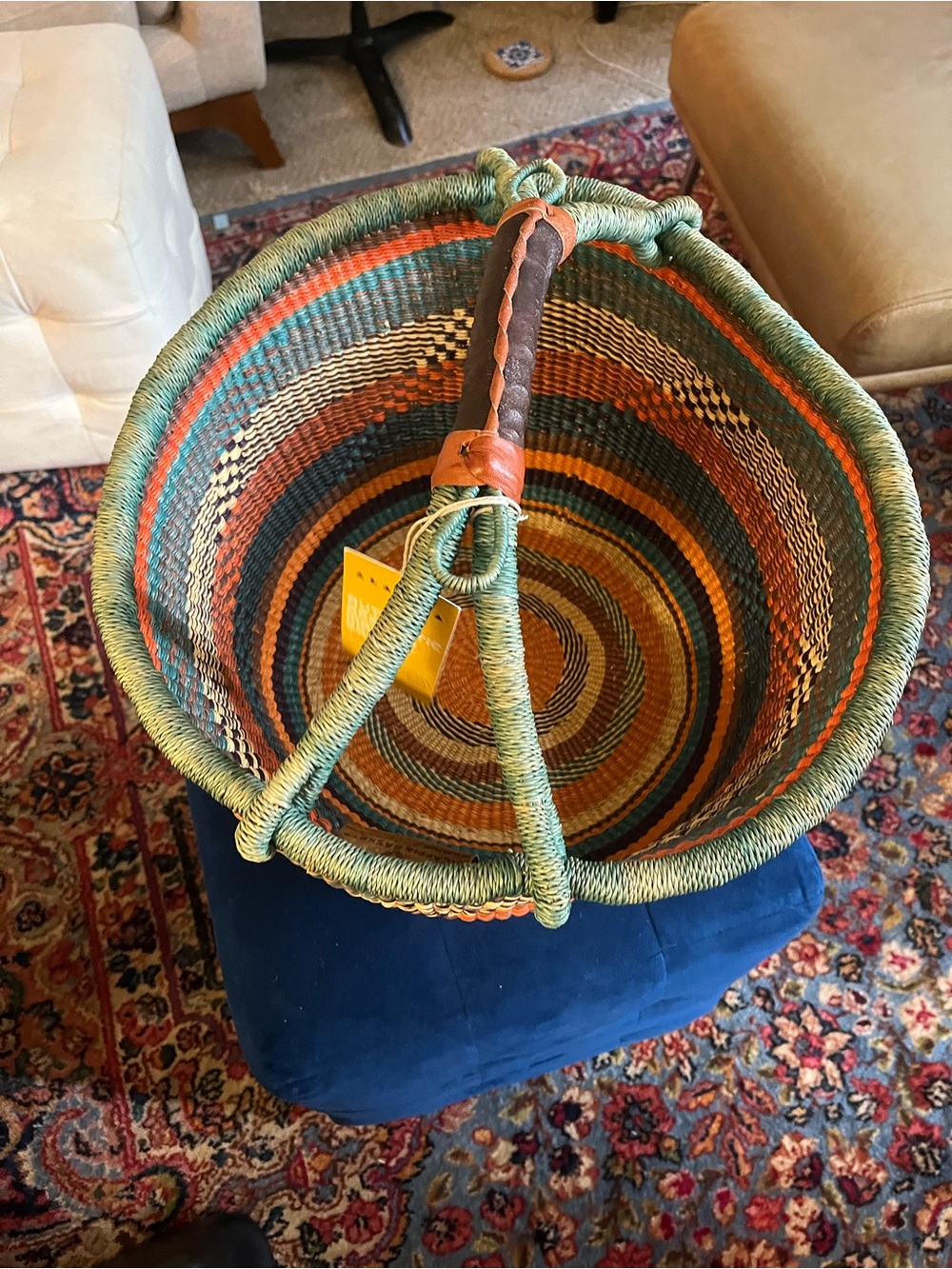 Xl Handwoven Multicolor Bolga Market Basket with Leather Handle - Picture 2 of 5